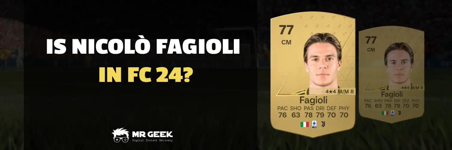 Rappresentazione digitale di Nicolò Fagioli nell'FC 24, evidenziando le sue qualità e il suo potenziale come centrocampista centrale della Juventus.